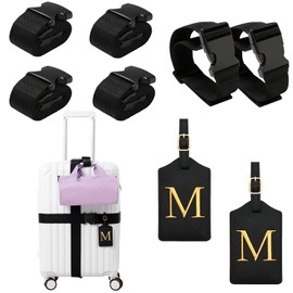 8 Pcs Luggage Tags and Luggage Straps Set, Initial Luggage Tags, Embroidered Luggage Tags, Bag Suitcase Strap Belt, Adjustable Suitcase Belt, Travel Accessories (M, Black/Gold)