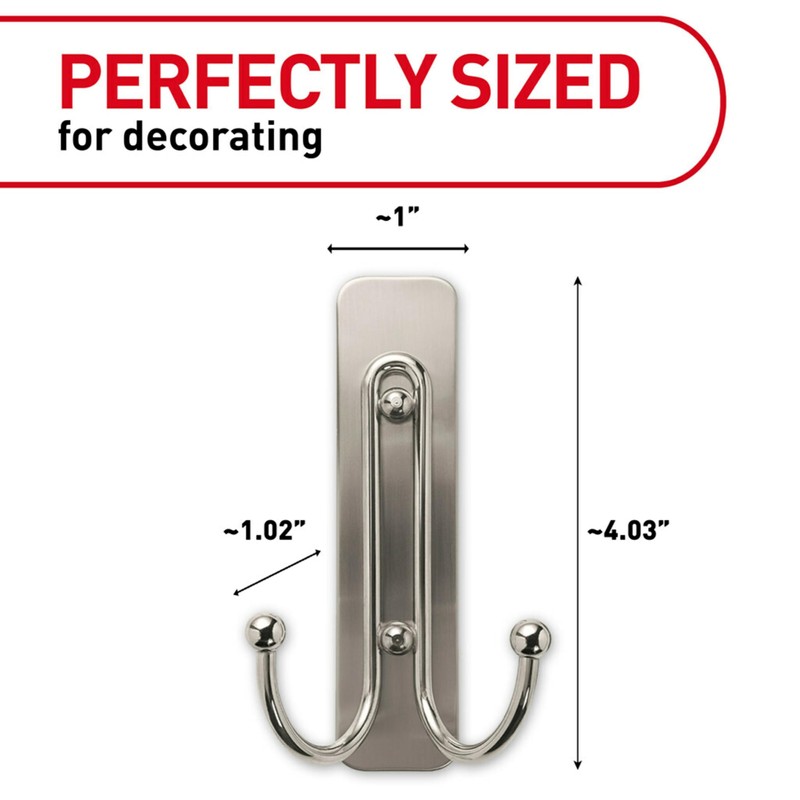 Command Large Brushed Nickel Double Hooks, 2 Hooks and 2