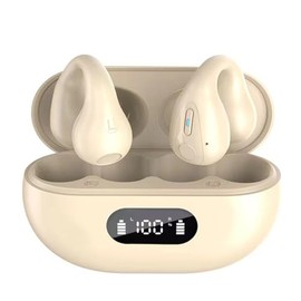 Samudgate Open Ear Clip on Headphones, Wireless Earbuds Bluetooth Sport Earphones Built-in Mic 36H Playtime LED Display Charging Case, Waterproof Design for Running Fitness-Khaki