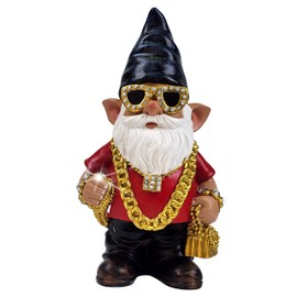 Better Office Products Garden Gnome Statue, 12" Height, Handcrafted Waterproof, UV-Resistant Polyresin Lawn Patio Porch Ornament Decoration (Bling Rapper with Solar Light)