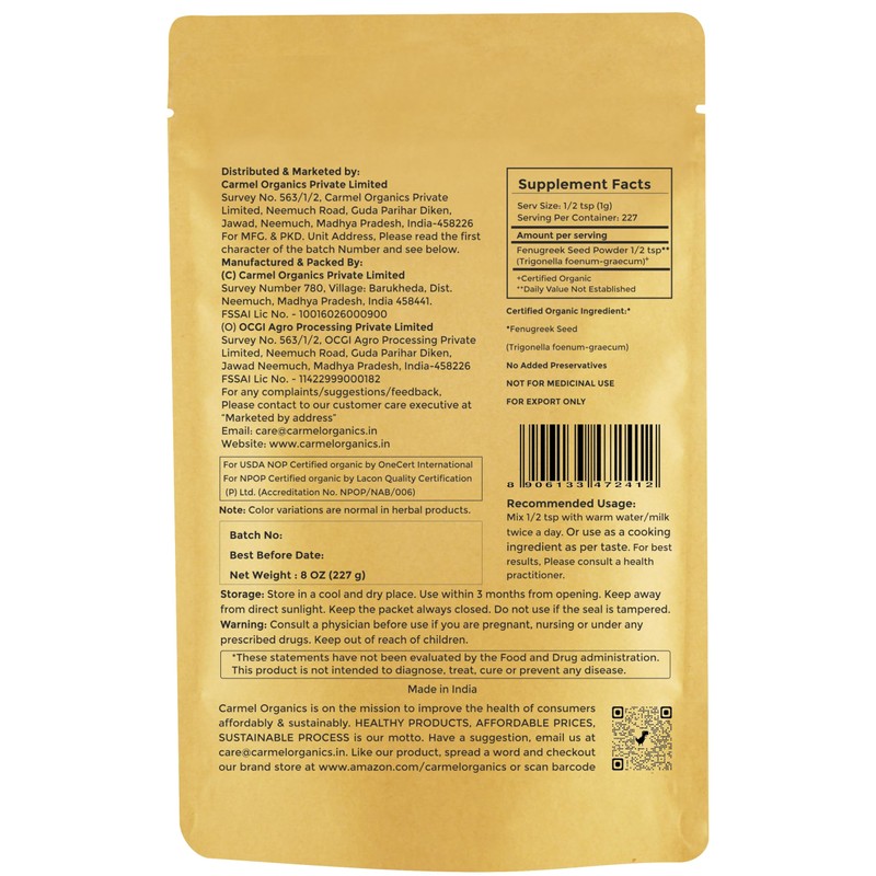 CARMEL ORGANICS Fenugreek |Methi Seeds (Powder, 8 Ounce or 0.5