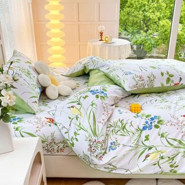 MKXI Bird Comforter Set Full Size White and Green Floral Bedding Set for Boys Girls Soft Microfiber Comforter Vintage Garden Floral Comforter Set Shabby Chic Farmhouse Comforter
