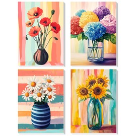 DOMROM Paint by Numbers Adults, Set of 4 Paint by Numbers with Frame, Colourful, Sunflower, Hydrangea, Daisy, Paint by Numbers, Adults, Hand-Painted Acrylic Oil Canvas Frame, Painting Set (20 x 30 cm)