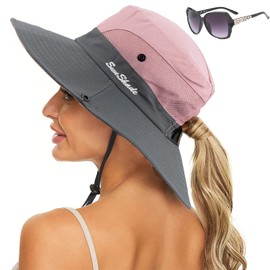 NEWYOUTH Sombrero para El Sol con Agujero para Cola De Caballo para Mujer, Protección UV, Malla Plegable, Sombrero De Pesca De ala Ancha, Sombrero De Cubo para Senderismo, Playa, Camping (Rosado)