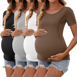 Ficerd 4 Pack Nursing Tops Cotton Short Sleeve Maternity Shirts for Women Double Layer Breastfeeding Tees Pregnancy Clothes(Coffee, White, Light Gray, Black,XX-Large)