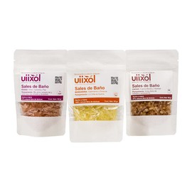 Uiixol Aceites Esenciales | Paquete de 3 Sales de Baño para Tina con Sal Marina y Sales de Epsom, Efecto Relajante y Aromaterapia, Aroma a Cacao, Mandarina y Rosas 100gr c/u.