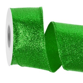 sourcing map 1.6 Inch/4cm Glitter Wired Ribbon, Green Sparkly Iridescent Ribbon 5 Yard for Christmas Tree Wreath Decoration Gift Wrapping, with Metallic Edge