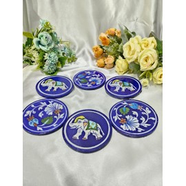 Tradition Treasure Jaipur Blue Pottery Handcrafted Ceramic Round Coasters Set of 6 – Multicolor, Assorted Design | Durable, Non-Toxic, Eco-Friendly | Reusable Drink Coasters for Coffee Table | 4"