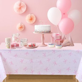 3PC Pink Bow Tablecloth, Bow Party Supplies Tablecover, Rectangle Disposable 54×108in White Pink for Birthday Party Bow Party Decor Bachelorette Decor Bridal Engagement Decor Coquette Party Supplies