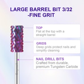 Cnynail 3/32" Large Barrel Bit Tungsten Carbide Nail Drill Bit Safety Bit for Gel & Acrylic Removal, 2- Way Rotating Efile Tip, Salon Electric File Accessory (4XC Girt, Purple)