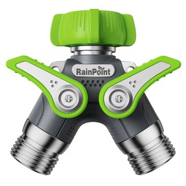 RAINPOINT Garden Hose Splitter, 2 Way Heavy Duty Water Hose Y Spigot Splitter with Shutoff Valves, 100% Metal Body Outdoor Faucet Splitter, 1.9" Extra Long Metal Handle, 3/4" GHT Thread (2, Green)