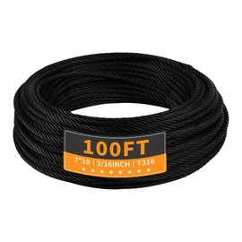 T316 Black 3/16IN Stainless Steel Cable, 100ft Wire Rope, 7X19 Strands Aircraft Cable, 3700lbs Breaking Strength, Zip Line for Heavy Duty Applications, Deck Railing, String Lights & Yard Zipline