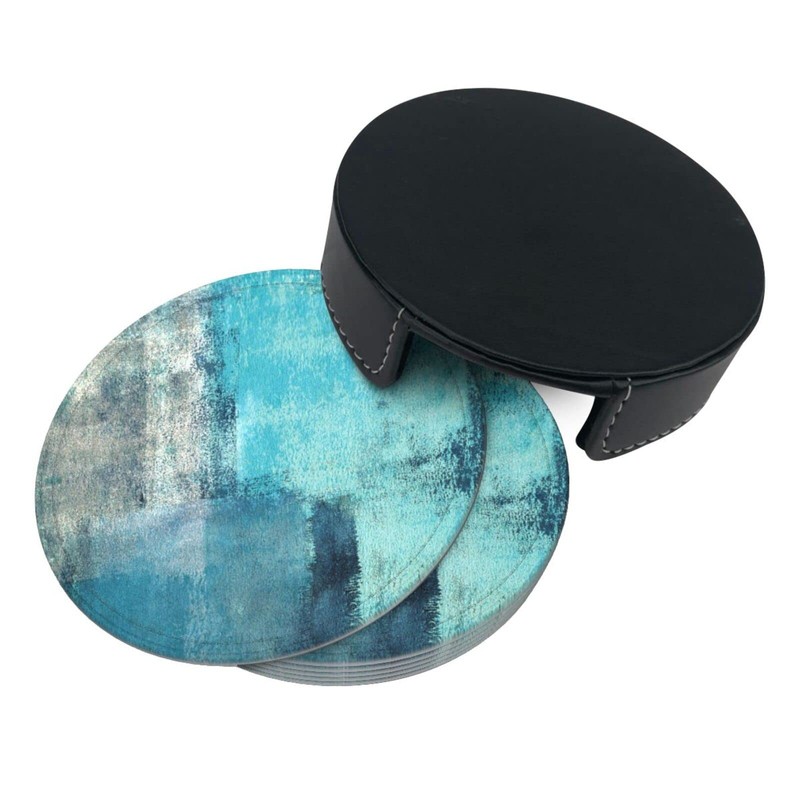 Vibiliyou Set of 6 Round Leather Coasters for Drinks,Featuring a