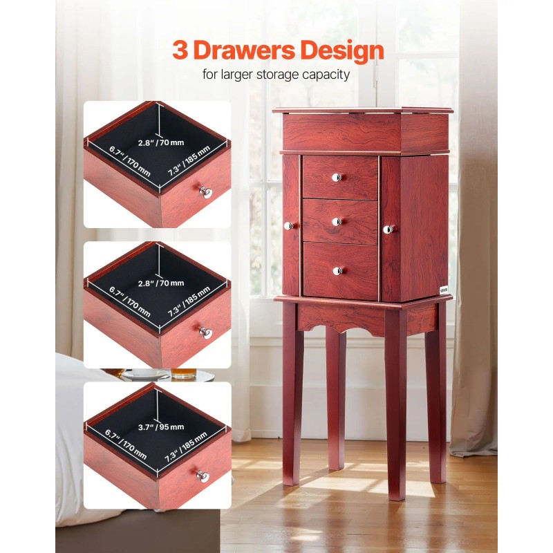 Standing Jewelry Armoire with 3 Drawers Mirror Wood Storage Cabinet