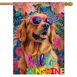 Summer House Flag for Outside 28x40 Inch Double Sided, Hello Sunshine Dog with Tropical Floral Yard Flags for Farmhouse Holiday Decoration