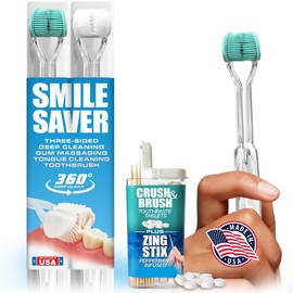 SMILE SAVER 360° 3-Sided Toothbrush 2PK + Toothpaste Tablets + Zing Stix Infused Toothpicks | Gum Massage & Tongue Cleaner | Teal & White Heads - Clear Handles - Peppermint