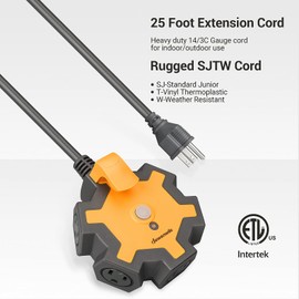 DEWENWILS 5-Outlet Power Strip, 25FT Heavy Duty Extension Cord, 14/3 SJTW, Industrial Power Strip for Garage, Workshop, 15A Circuit Breaker, Swivel Safety Covers