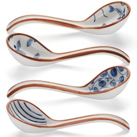 Ceramic Soup Spoons Set of 4 Porcelain Japanese Soup Spoon Long Handle Asian Soup Spoon Sets for Pho Ramen Noodles Wonton Dumpling Rice (Model 5#)