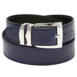 Men's Belt Reversible Wide Bonded Leather Silver-Tone Buckle NAVY BLUE/Black 56