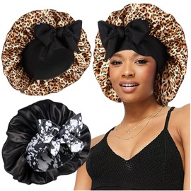 2pcs Large Silky Bonnets with tie Band Braid Bonnet, Satin Bonnet for Sleeping Curly Hair, B
