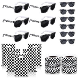 JarThenaAMCS 52 PCS Race Car Sunglasses Wristbands for Racing Car Party Favors Black White Checkered Sunglasses Rubber Wristbands Plastic Candy Bags for Birthday Baby Shower Supplies