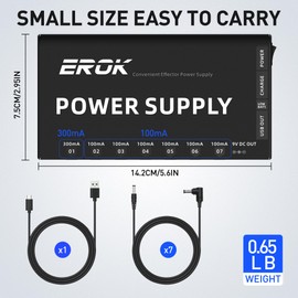 EROK Rechargeable Guitar Pedal Power Supply - 10000mAh, 7 Isolated 9V (1x300mA+6x100mA), 5V USB, Short Circuit Protection, Portable for Guitar/Bass Effects