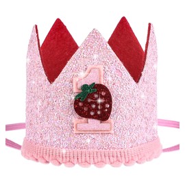 ValueBargain Strawberry First Birthday Crown, Light Pink Sequin Berry Headband for Baby Girls, 1st Birthday Decoration Photo Props Party Headwear