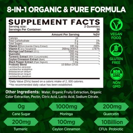 Moringa Gummies for Women Men, Pure Organic Moringa Leaf Extract Supplement with Vitamin C & E, Turmeric, Ceylon Cinnamon, Probiotics for Gut & Immune Health, Supergreen, Sugar-Free, Vegan, 60 Chews