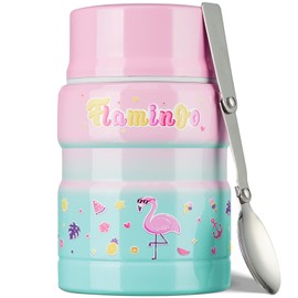 Charcy 17oz Kids Thermo for Hot Food - Soup Thermo with Folding Spoon - Insulated Food Jar for Hot & Cold Food - Pink Green Flamingo