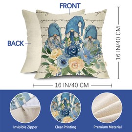 Fjfz Happy Spring Blue Flower Gnome Decorative Throw Pillow Cover 16 x 16 Set of 4, Floral Rose Buffalo Plaid Porch Patio Outdoor Home Decor, Bloom Stripes Bike Seasonal Farmhouse Couch Cushion Case