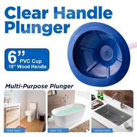 Supply Giant SU3226 Force Cup PVC Plunger, with 19” Clear Handle to Fix Clogged Sinks/Basins/Tubs