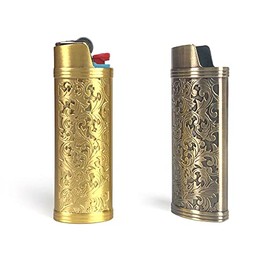 2 Pack Vintage Metal Lighter Case Cover Front Arabesque Engraving Reusable Lighter Sleeve for Bic J6 Regular Lighters (Style1-Bronze&Gold, 2)
