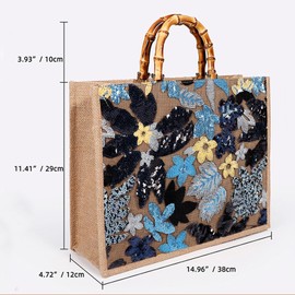 QTKJ Tote Bag, Sackcloth Handbags for Women, Sequin Embroidery Beach Bags, Natural Bamboo Handle, Bohemian Handbag Large Capacity Shoulder Bag Suitable for Travel Daily(Blue Flowers)