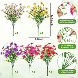 Besteek 20 Bundles Artificial Flowers for Outdoors Decoration Fake Silk Flowers UV Resistant Faux Plants Artificial Daisy Eucalyptus for Spring Summer Garden Yard Porch Window Home Decor, Mix Colors