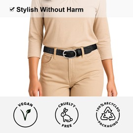 Corkor Women’s Black Cork Belt 1 1/8" – Slim Vegan Strap with Silver Nickel-Free Buckle, Flexible & Lightweight