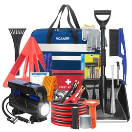 Car Emergency Safety Kit Bag with Digital Air Compressor,Jumper Cables,First Aid Kit, Winter Vehicle Roadside Safety Kit with Detachable Snow Shovel, for Women, Men, Teen