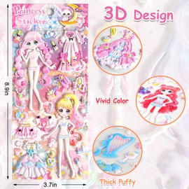 Princess Dress Up Puffy Stickers Pad for Girls Kids Make Your Own Princess Crafts Games,Reusable 3D Foam Fashion Sticker Activity Playset for Toddlers Preschoolers,Party Favors,Restickable 8 Sheets.