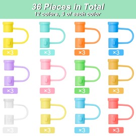 36Pcs Silicone Straw Tips Cover, Reusable Drinking Straw Covers Cap, Colorful Straw Plug Dust-Proof Drinking Straw Topper for 6-8mm Straws Home Kitchen Party Decor, 12 Colors (36pcs for 6-8mm)