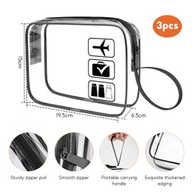 Clear Travel Toiletries Bag, 3 PCS Clear Toiletry Bag with Zipper and Hand Strap, Clear Makeup Bags for Women Men(Black)