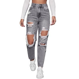Floerns Women's High Waist Boyfriend Straight Leg Ripped Jeans Distressed Denim Pants Grey Large