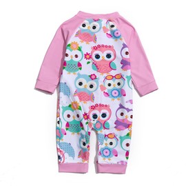 ADAVERANO Baby Girl Sunsuits Full-Length Zipper UPF 50+ Sun Protection One Piece Swimwear with Sun Cap (Pink Owl, 24-36Months)