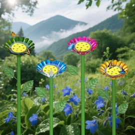 Bee Watering Station for Garden, 4 Pack Metal Bee Watering Stakes Flower's Metal Bee Feeder with 4 Floaters, Colourful Bee Watering for Outdoor Garden Decoration