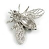 Clear Crystal Black Enamel Bee Brooch in Silver Tone -