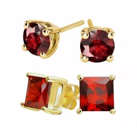 Paris Jewelry 18k Yellow Gold 2 Pair Created Red 6mm Round & Princess Cut Stud Earrings Plated