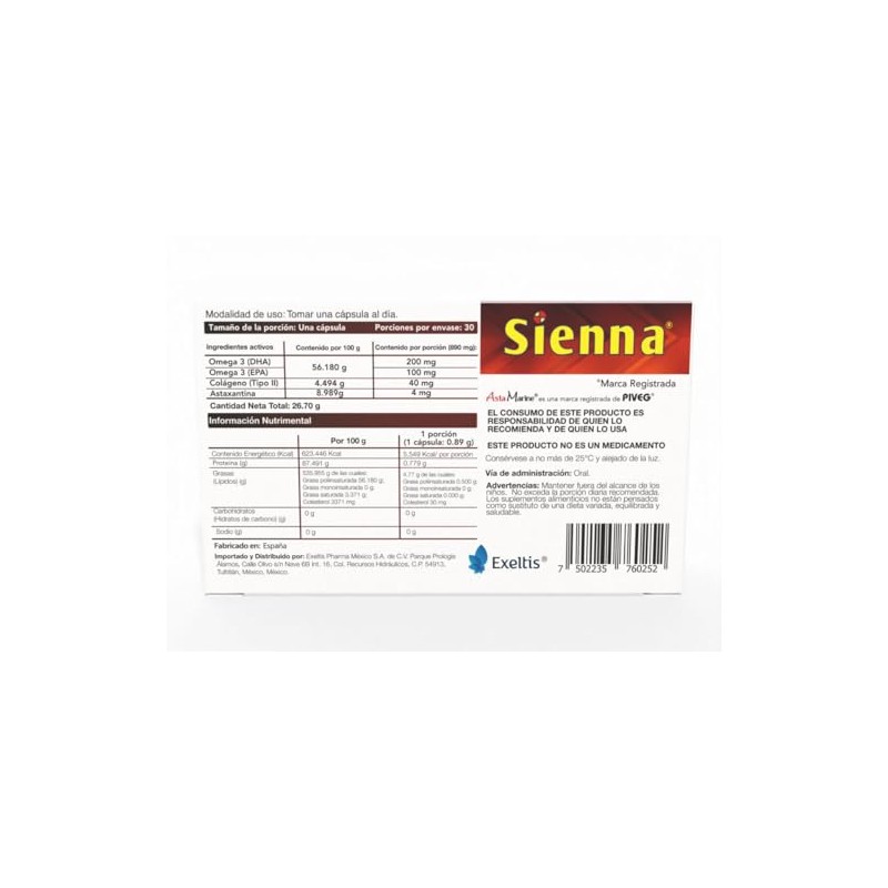 Sienna Suplemento Alimenticio a Base de Colgeno Tipo II, Omega