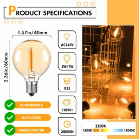 Sphoon G40 Led Replacement Light Bulbs,Amber Glass E12 Candelabra Light Bulbs, 1W Equivalent 7W 1.5 Inch Small Light Bulbs for Outdoor String Lights, Party Patio Garden Decor,Warm White 2200K, 25Pack