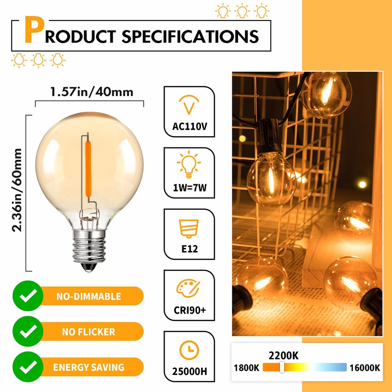 Sphoon G40 Led Replacement Light Bulbs,Amber Glass E12 Candelabra Light