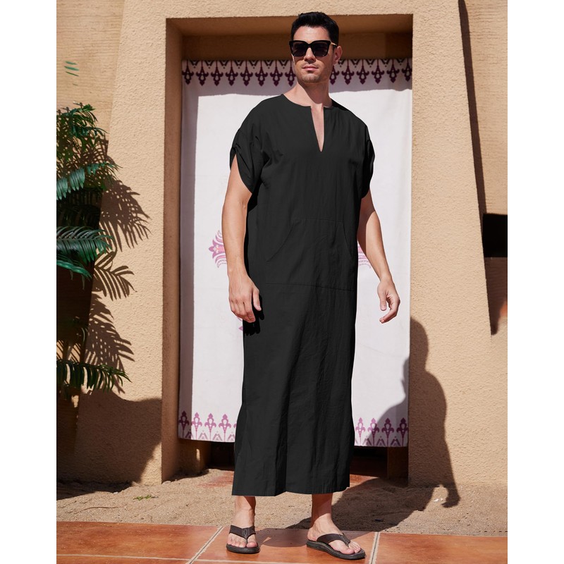 YAOHUOLE Men's V-Neck Kaftan with Side Split, Short Sleeve Cotton