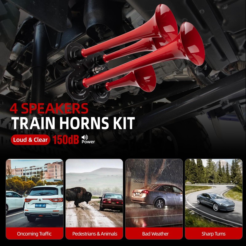150db 12V Train Horn Kit，Red 4 Speakers， Air Horn With