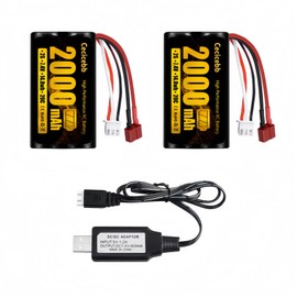 Cecicebb 2000mAh 7.4V Li-ion Battery with Dean-Style T Plug,2S Rechargeable RC Battery for WLtoys 4WD High Speed RC Cars and Most 1/10, 1/12, 1/16 Scale RC Trucks with 7.4V Battery Charger